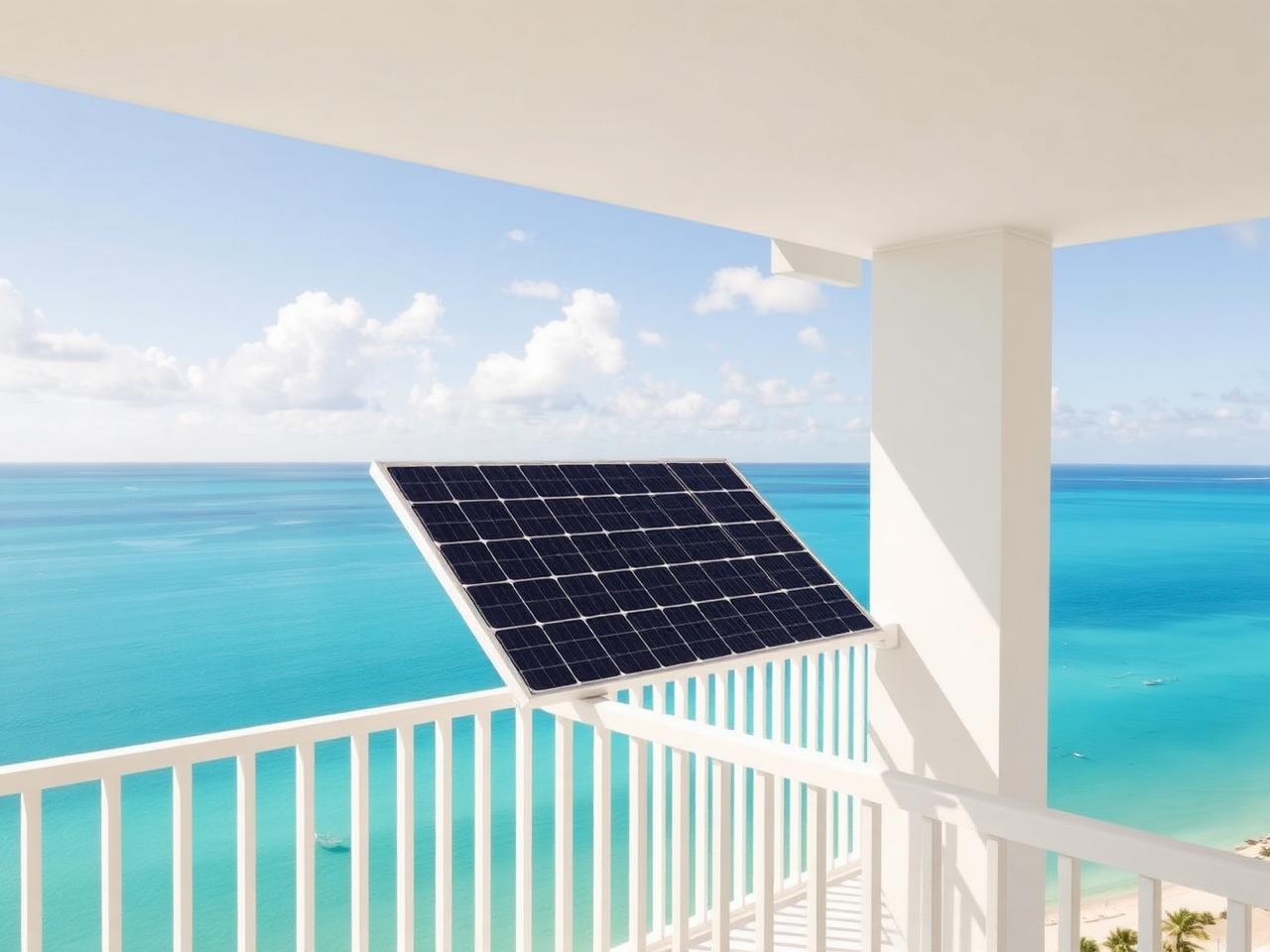 Bifacial solar panels mounted on a white Bermuda balcony railing above the ocean